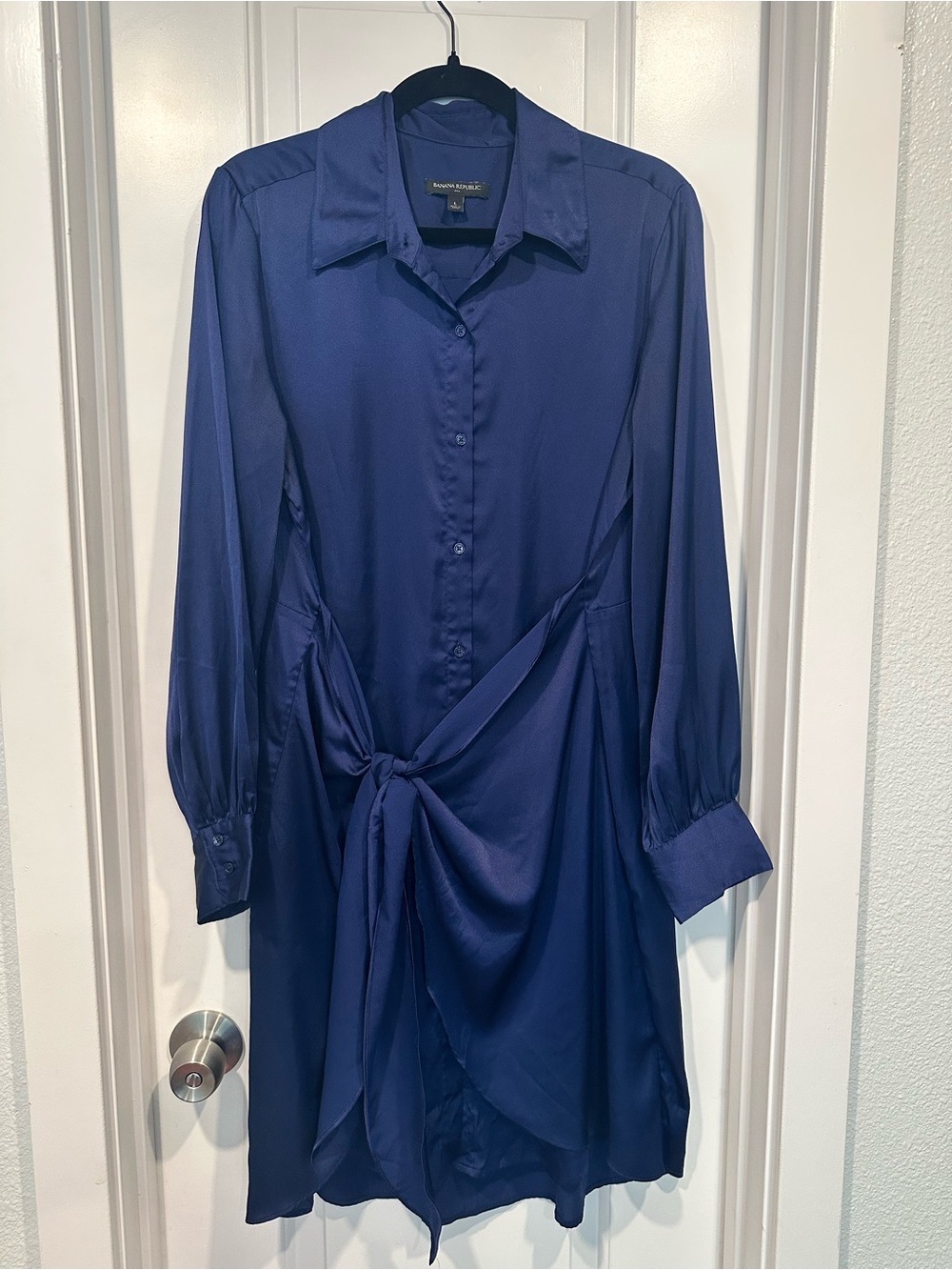 Banana Republic Midnight Satin Tie-Waist Midi Shirt Dress